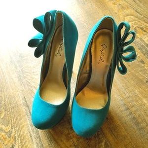Qupid Blue Teal Bow Platform Heel